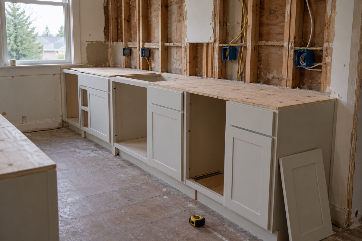 New base cabinets installed in a kitchen before counters are added