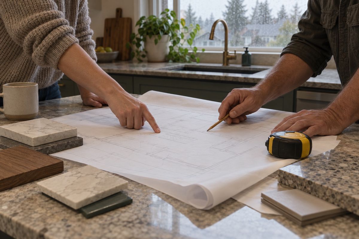 Hands pointing at kitchen plans next to tile and stone samples