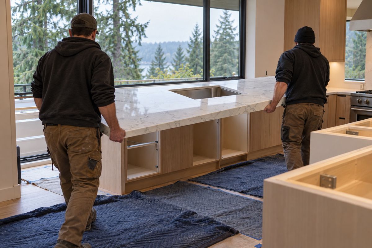 Installers carrying a quartz countertop slab into a new kitchen