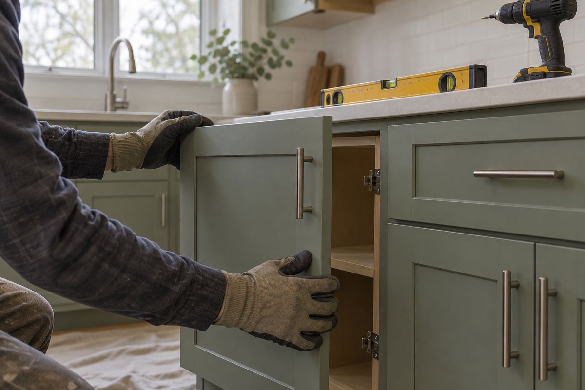Carpenter hands fitting a painted cabinet door in a new kitchen