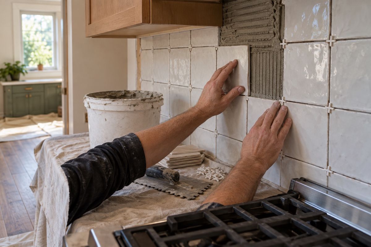 Tile setter hands installing a ceramic kitchen backsplash