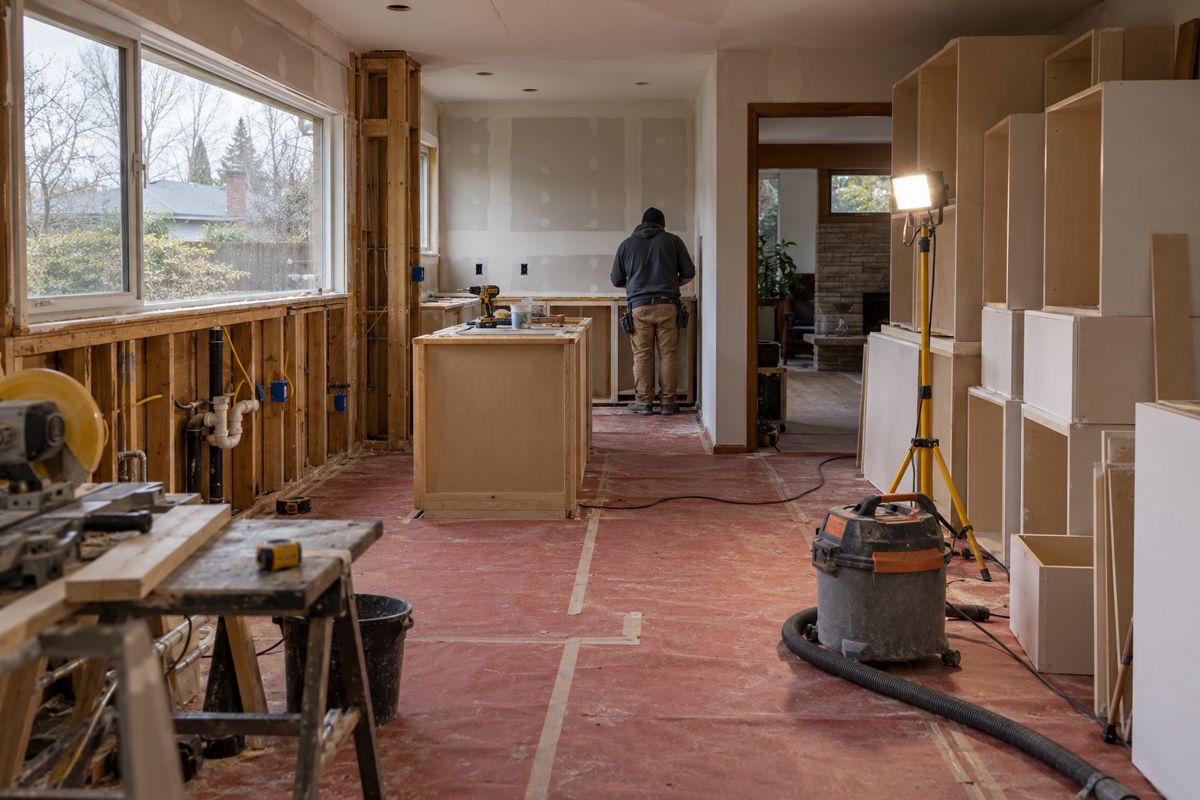 Kitchen remodel in progress with new framing and cabinet boxes stacked