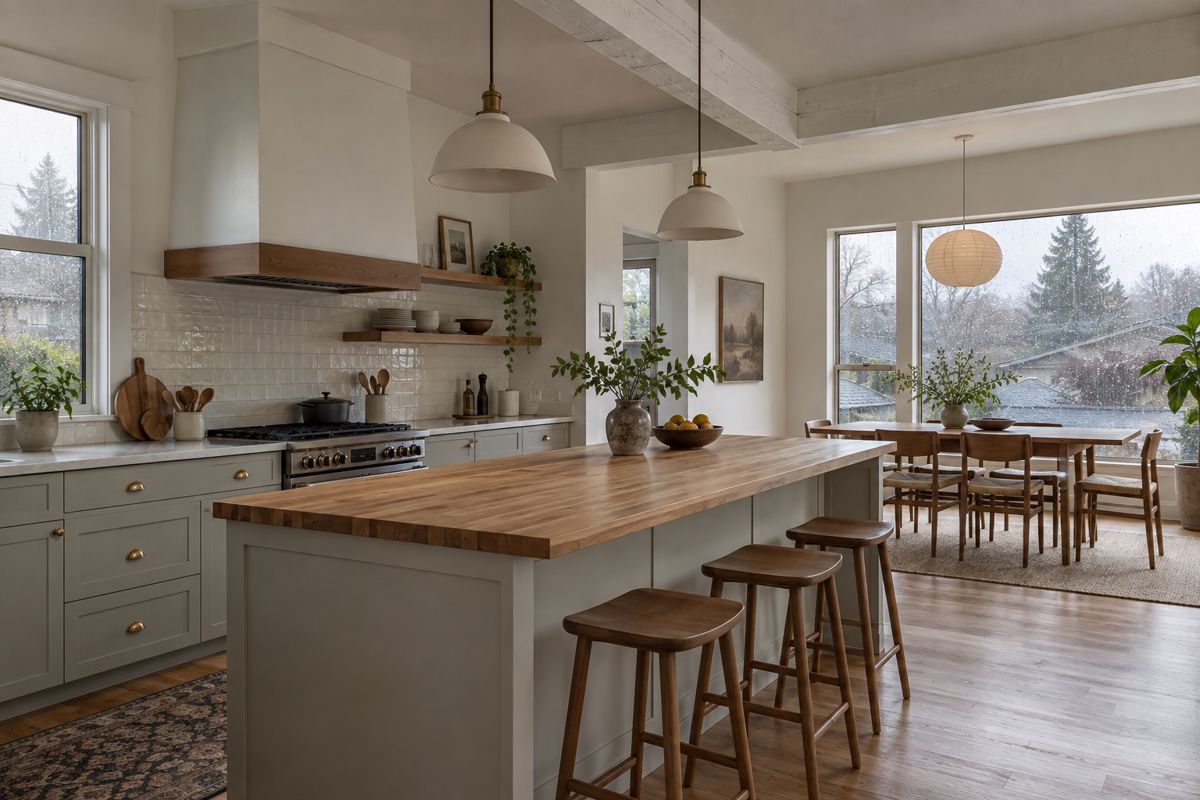 Open concept kitchen with a new island and a beam where a wall was